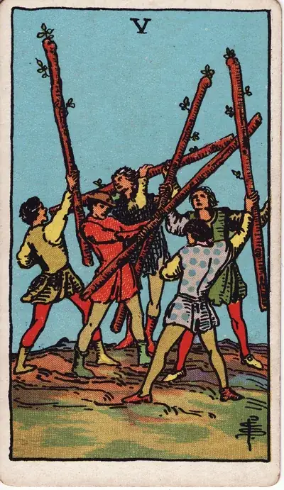 Five of Wands — Rider–Waite–Smith tarot card