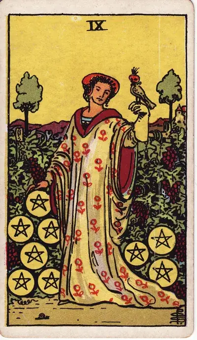 Nine of Pentacles — Rider–Waite–Smith tarot card